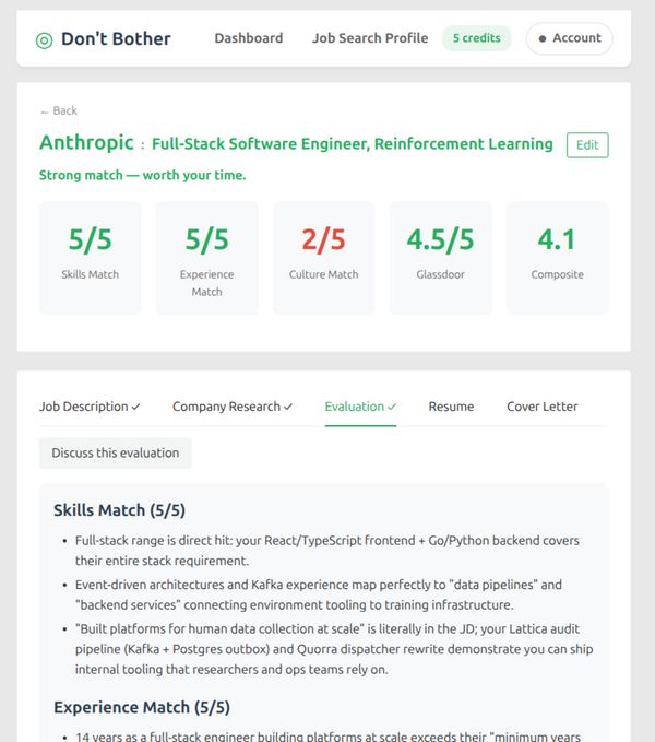 Don't Bother evaluation page showing a 4.1 composite score and 'Strong match — worth your time.' verdict for an Anthropic Full-Stack Engineer role.